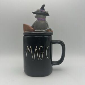 Rae Dunn “Magic” Black Mug with Witch On Broom Topper NEW!!!!